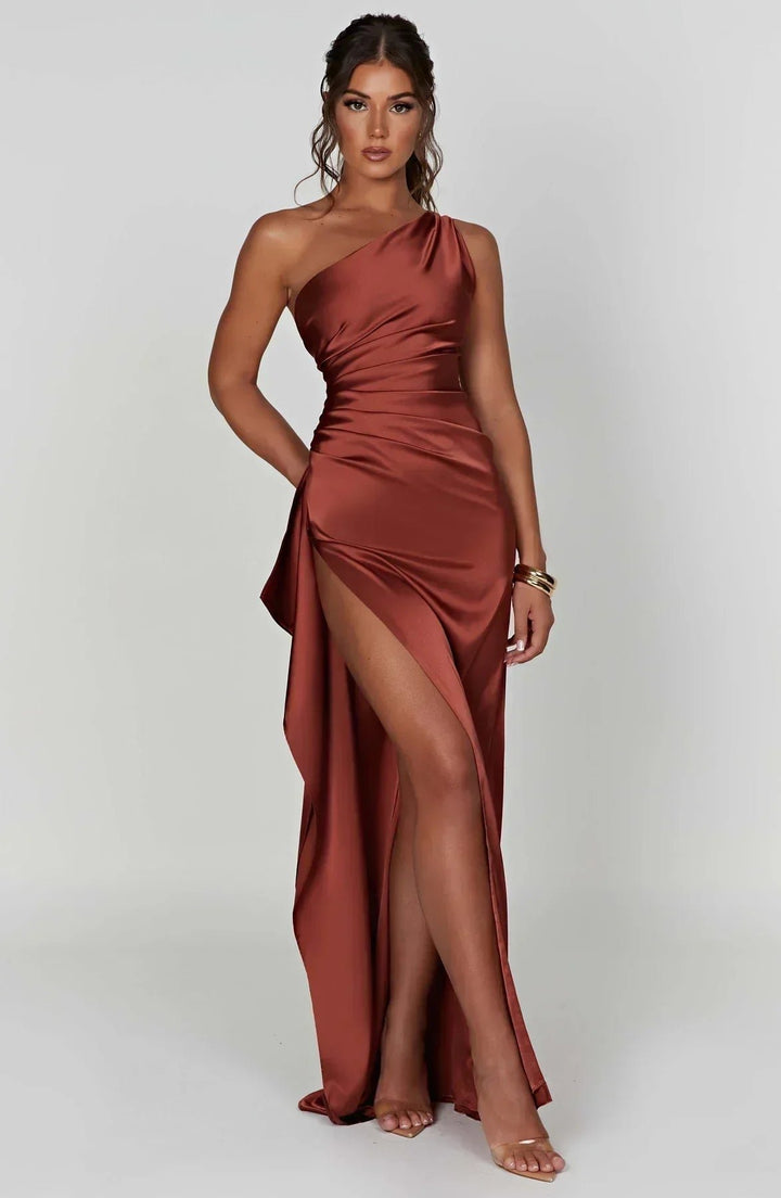 Dames Asymmetrische One-Shoulder Maxi Jurk met Hoge Split - Rust Brown