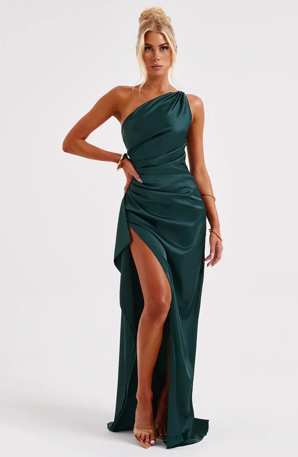 Dames Asymmetrische One-Shoulder Maxi Jurk met Hoge Split - Dark Teal Green