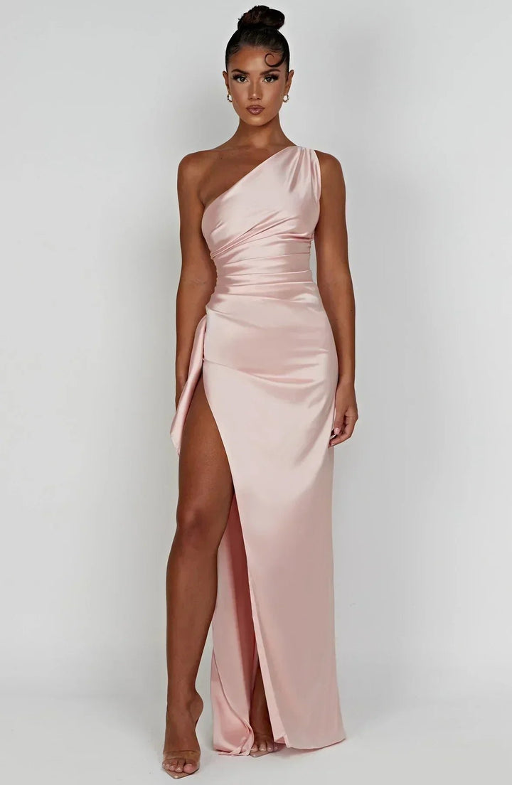 Dames Asymmetrische One-Shoulder Maxi Jurk met Hoge Split - Pink