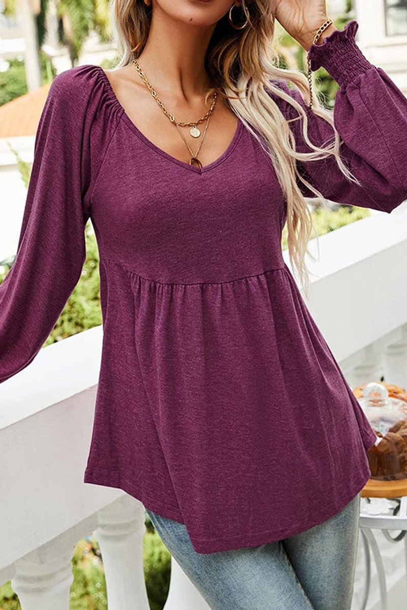 Dames Babydoll Tunic V-hals Gesmockte Mouw Casual Top - Wijnrood