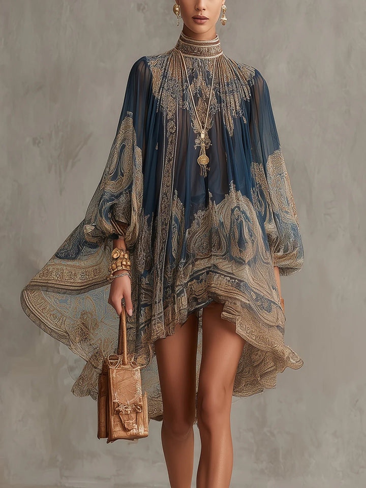 Dames Barokprint Chiffon Jurk Hoge Hals Wapperende Mouwen - Navy