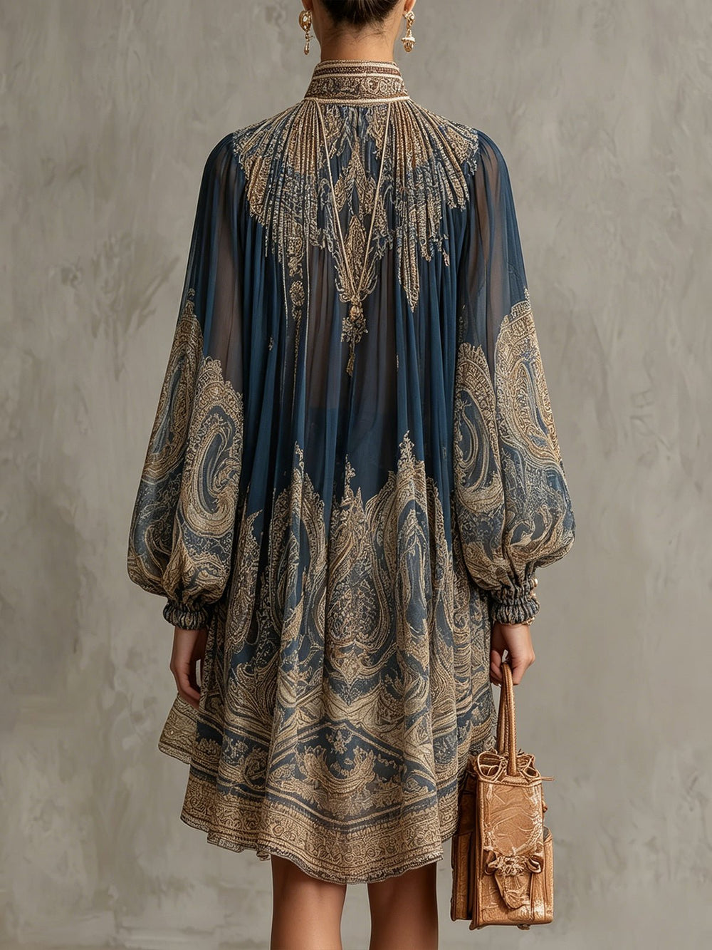 Dames Barokprint Chiffon Jurk Hoge Hals Wapperende Mouwen
