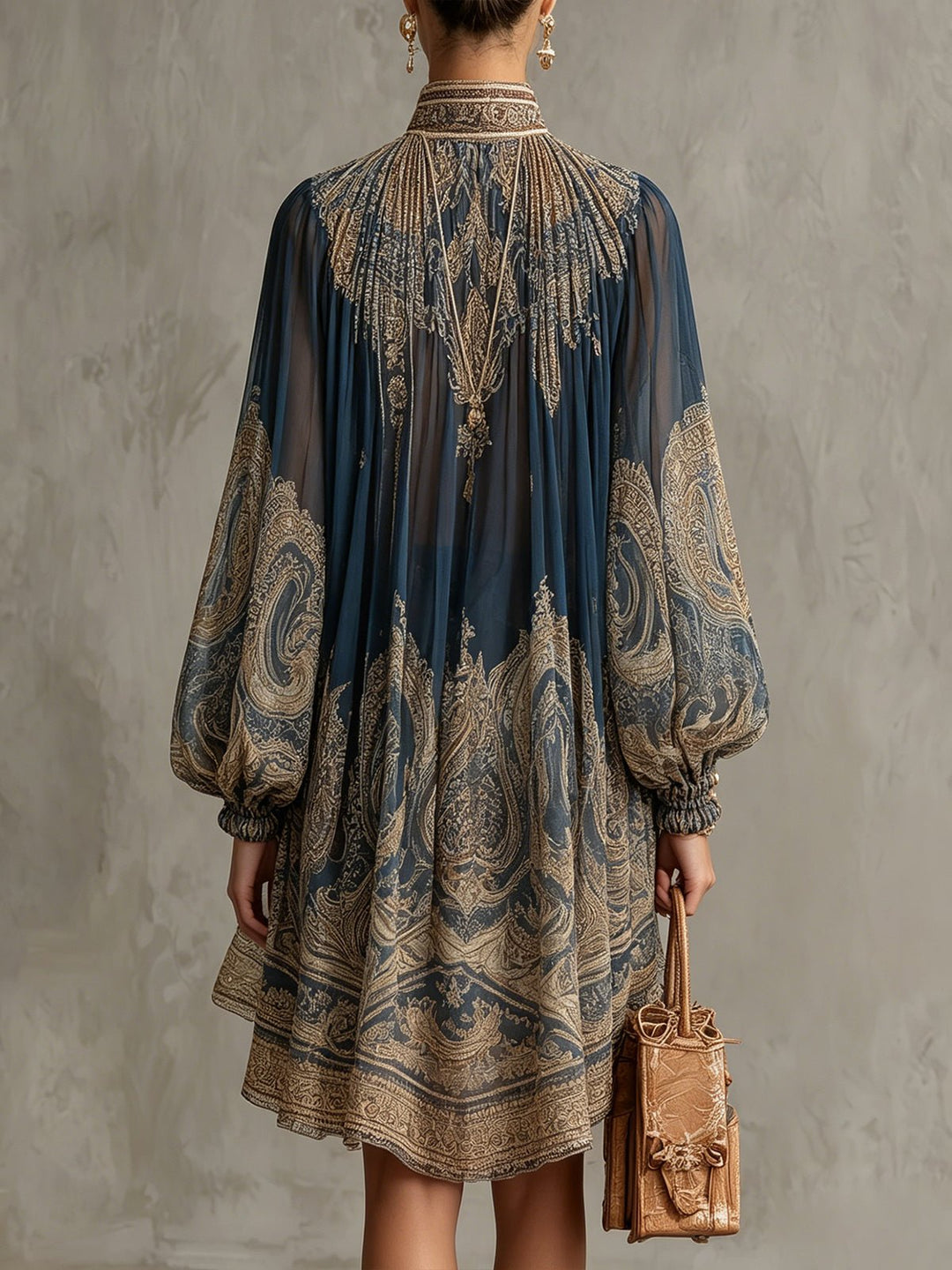Dames Barokprint Chiffon Jurk Hoge Hals Wapperende Mouwen