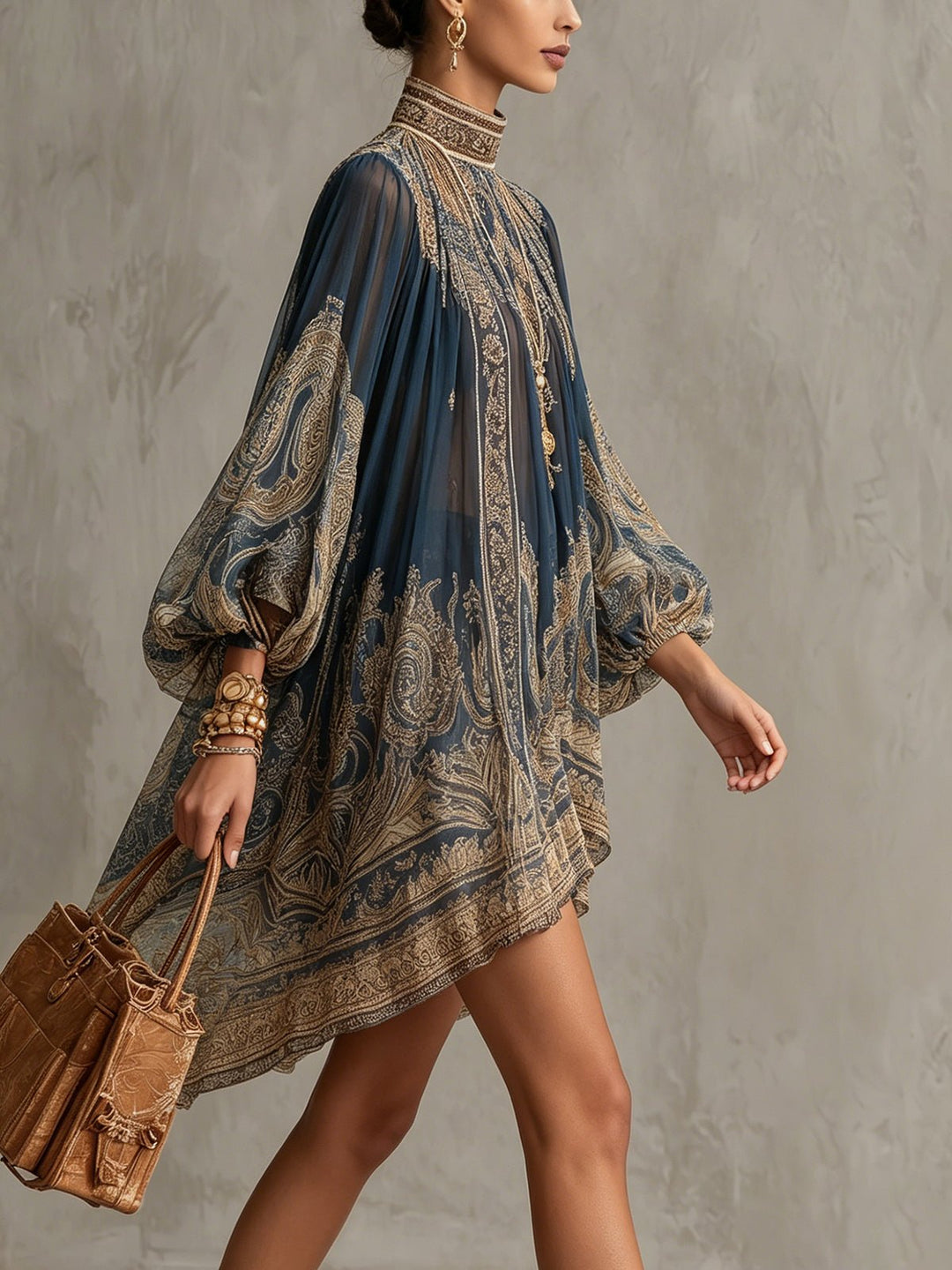 Dames Barokprint Chiffon Jurk Hoge Hals Wapperende Mouwen