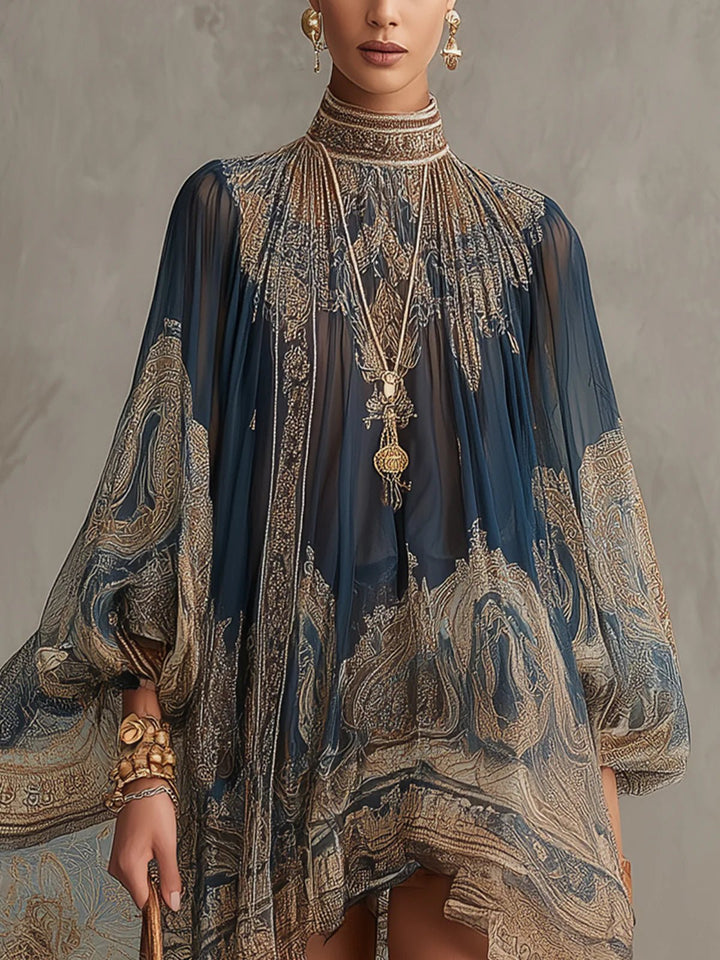 Dames Barokprint Chiffon Jurk Hoge Hals Wapperende Mouwen