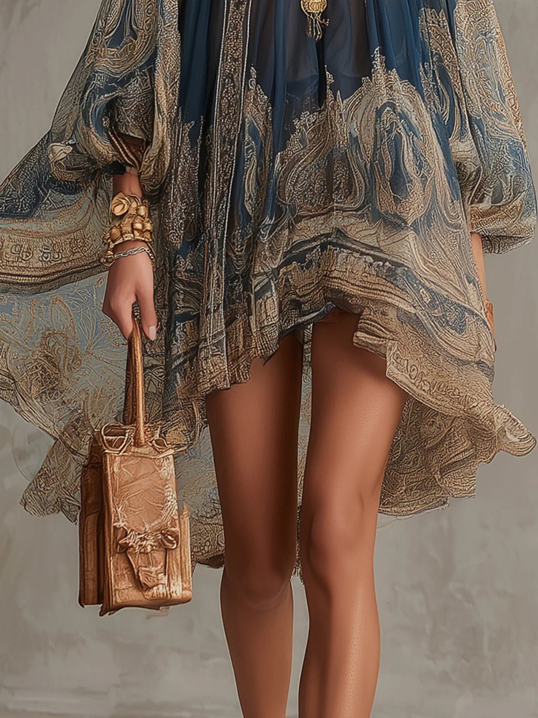 Dames Barokprint Chiffon Jurk Hoge Hals Wapperende Mouwen