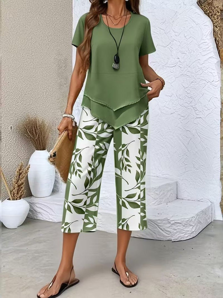Dames Bladprint Tweedelise Set met Korte Mouwen - Green