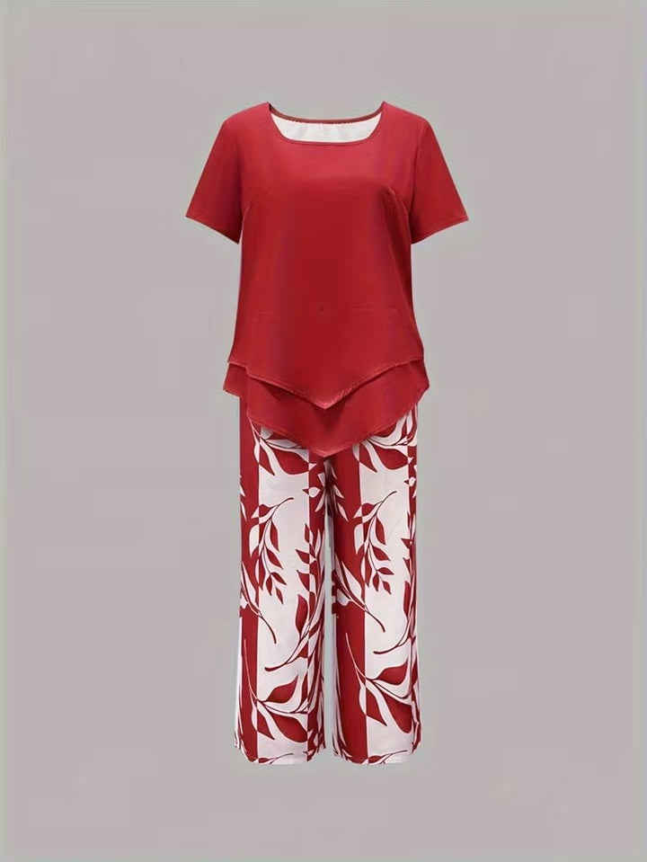 Dames Bladprint Tweedelise Set met Korte Mouwen