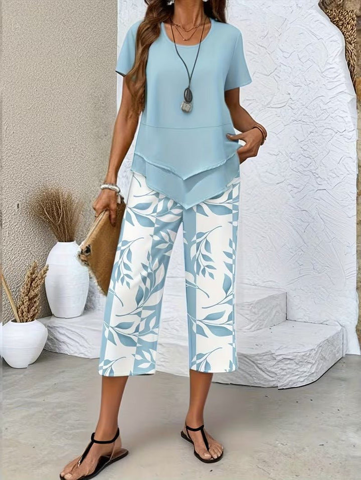 Dames Bladprint Tweedelise Set met Korte Mouwen - Light Blue