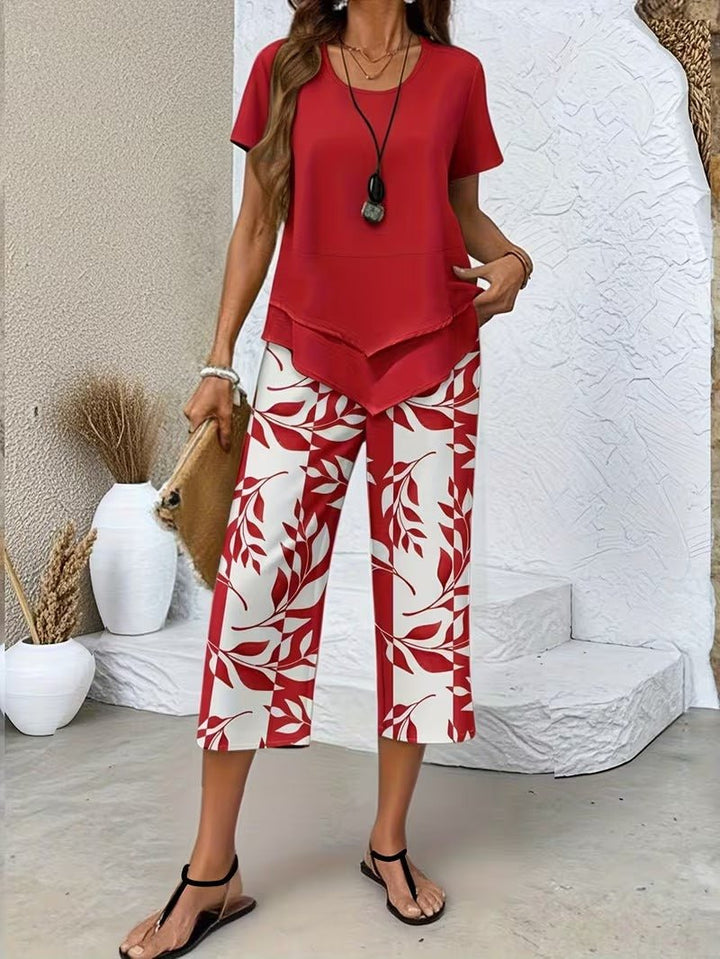 Dames Bladprint Tweedelise Set met Korte Mouwen - Red
