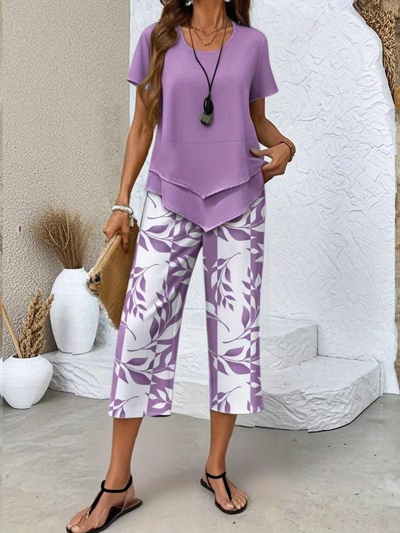 Dames Bladprint Tweedelise Set met Korte Mouwen - Purple