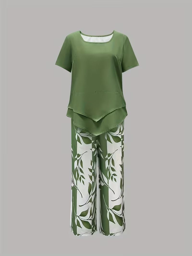 Dames Bladprint Tweedelise Set met Korte Mouwen