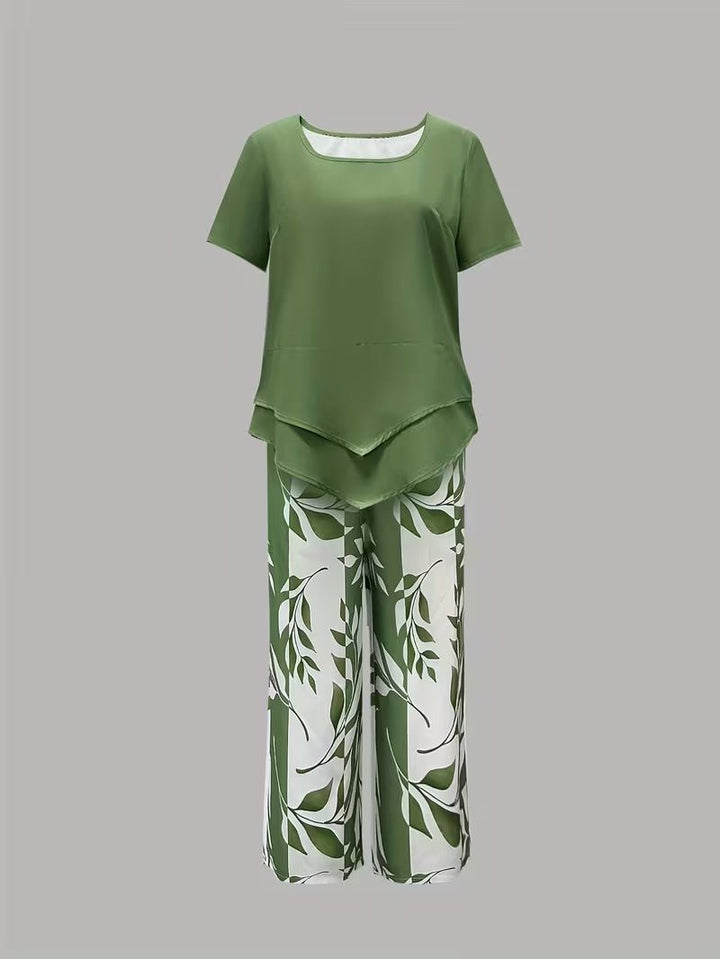 Dames Bladprint Tweedelise Set met Korte Mouwen