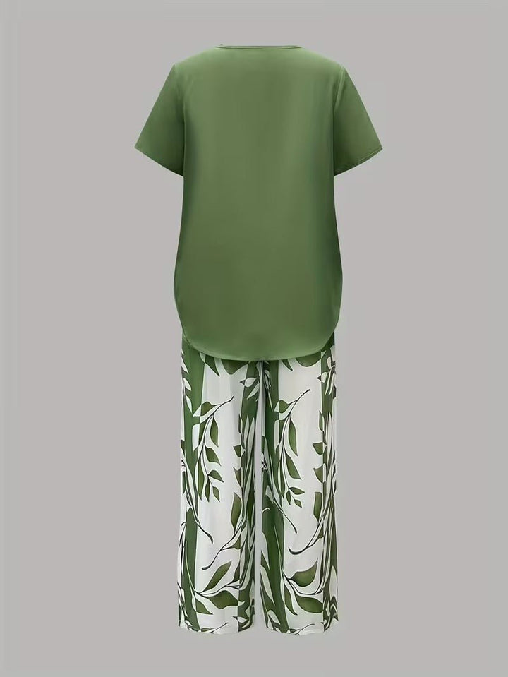 Dames Bladprint Tweedelise Set met Korte Mouwen