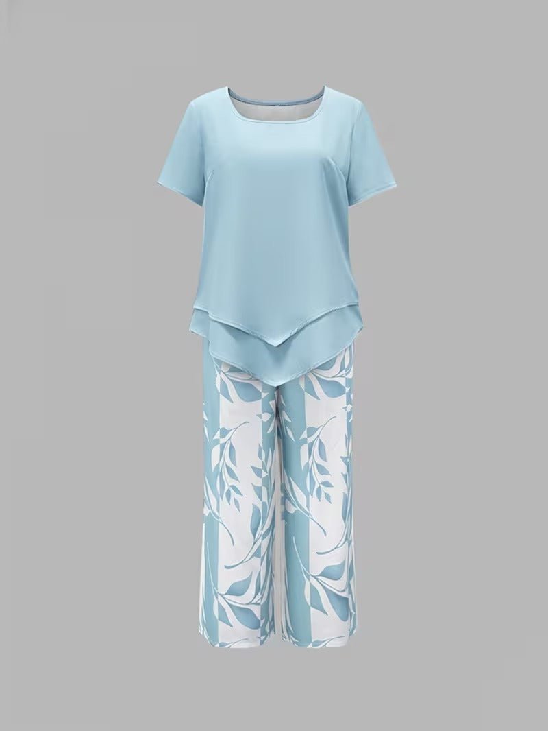 Dames Bladprint Tweedelise Set met Korte Mouwen