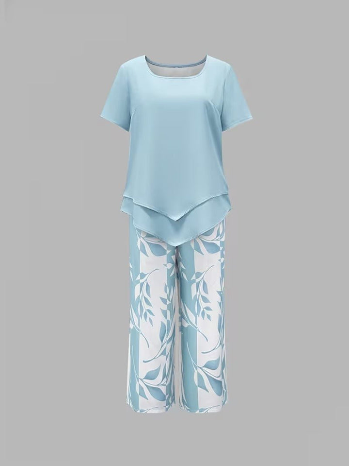 Dames Bladprint Tweedelise Set met Korte Mouwen
