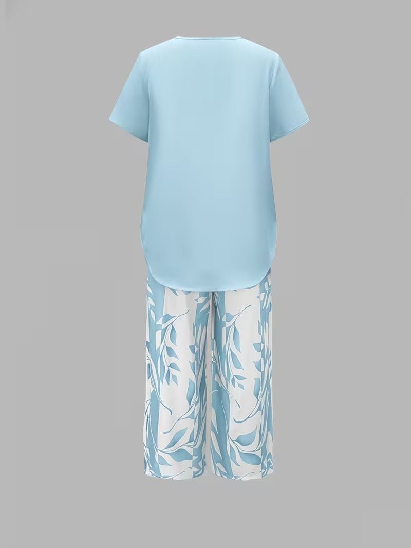 Dames Bladprint Tweedelise Set met Korte Mouwen