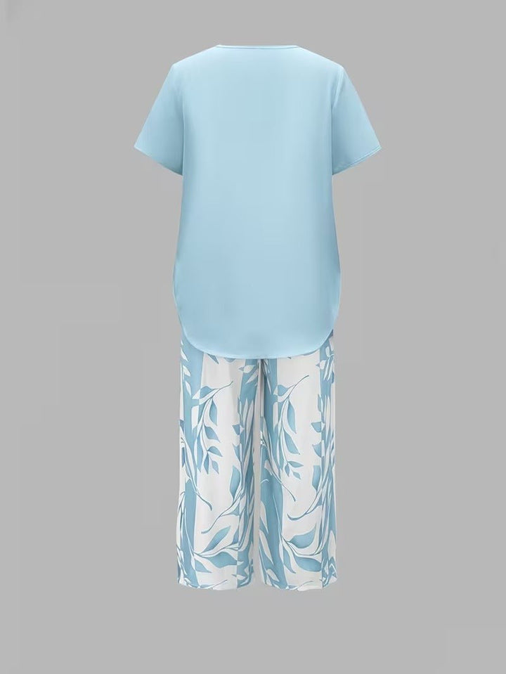 Dames Bladprint Tweedelise Set met Korte Mouwen