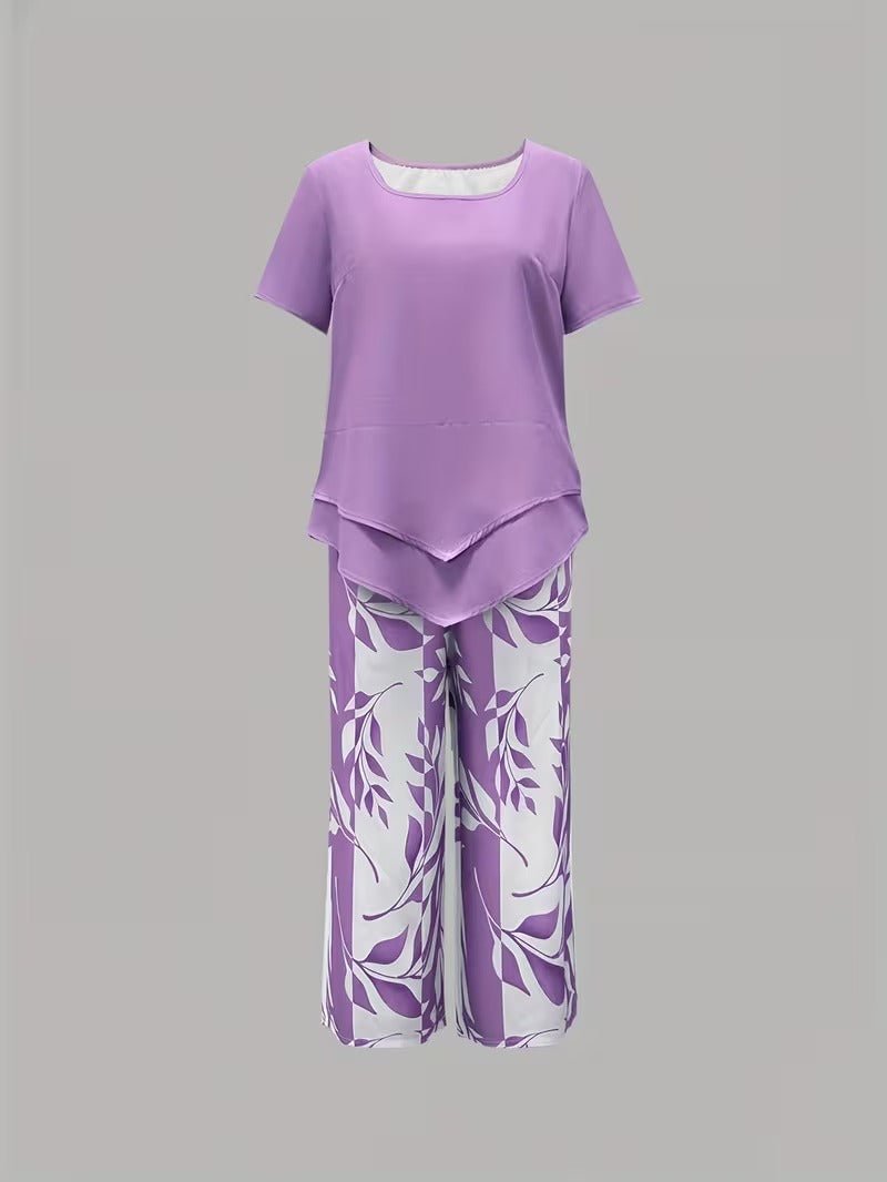 Dames Bladprint Tweedelise Set met Korte Mouwen
