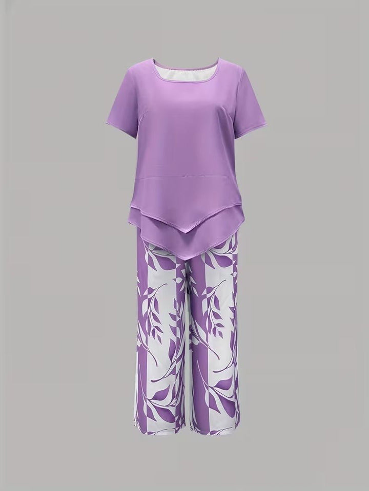 Dames Bladprint Tweedelise Set met Korte Mouwen