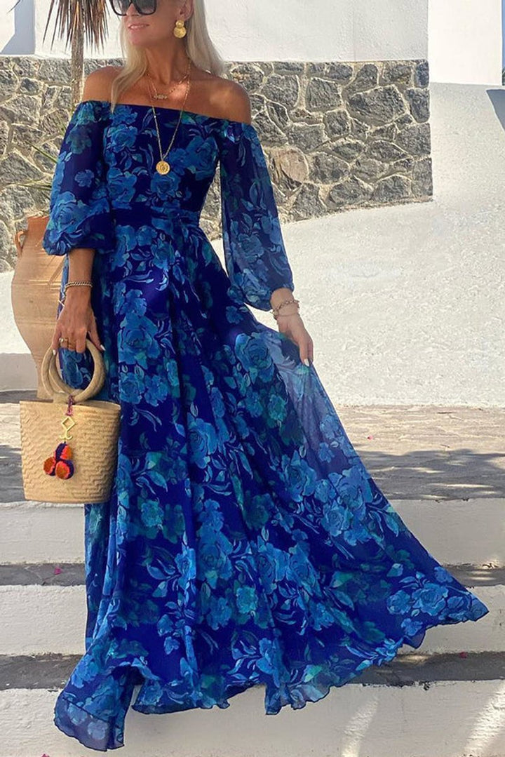Dames Bloemen Off-Shoulder Maxi Moeder van de Bruid Jurk - Blue