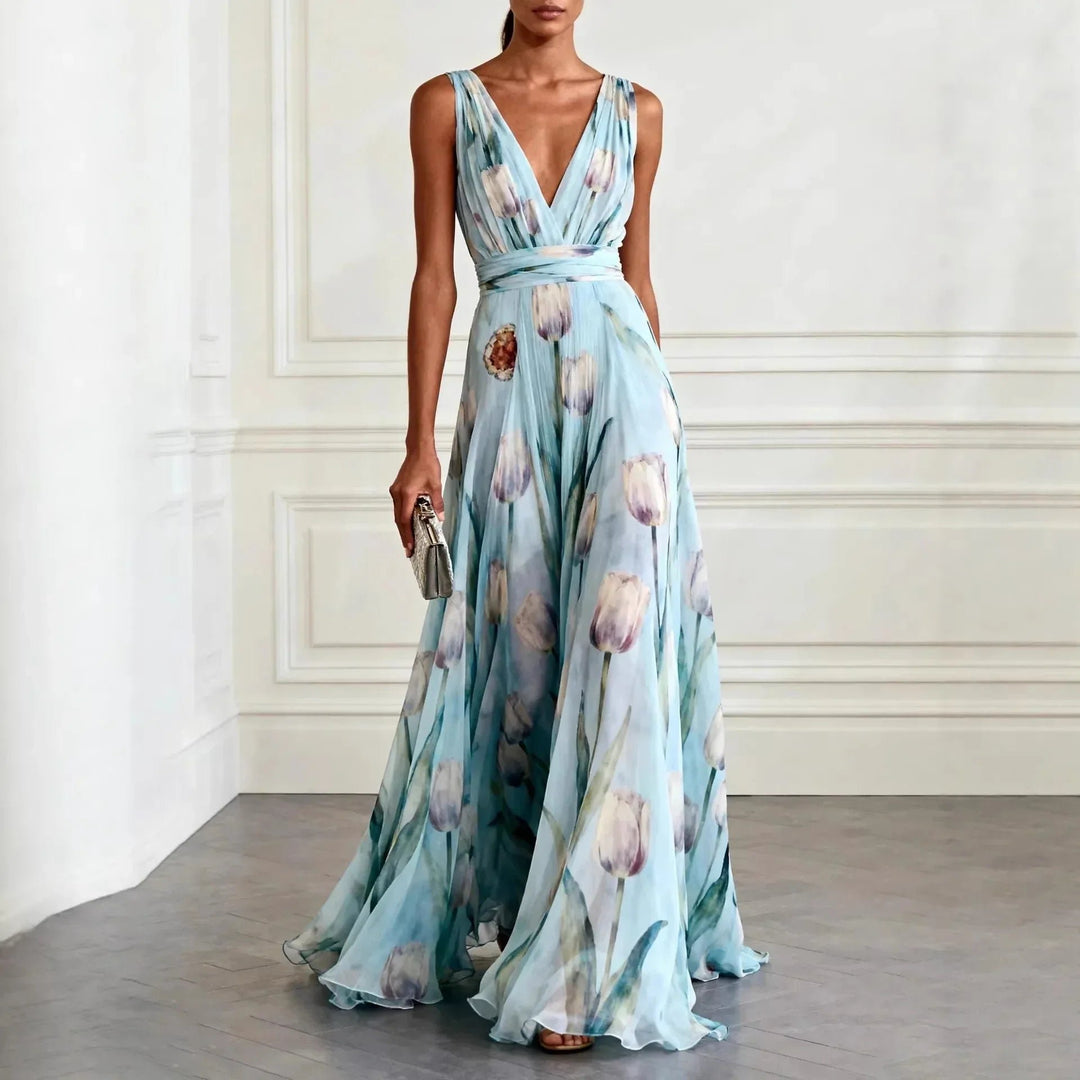 Dames Bloemen Tulp V-hals Chiffon Maxi Jurk - Sky Blue