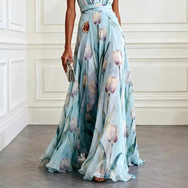 Dames Bloemen Tulp V-hals Chiffon Maxi Jurk