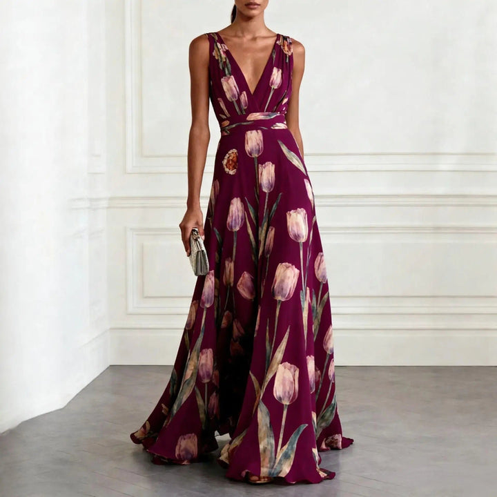 Dames Bloemen Tulp V-hals Chiffon Maxi Jurk - Burgundy