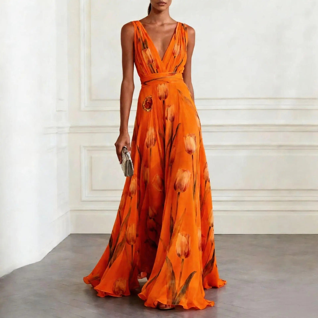 Dames Bloemen Tulp V-hals Chiffon Maxi Jurk - Orange