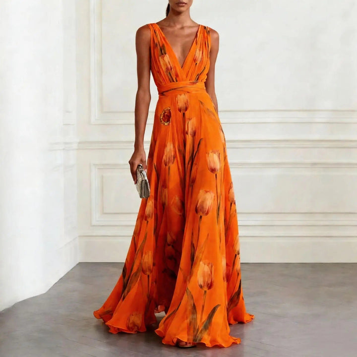 Dames Bloemen Tulp V-hals Chiffon Maxi Jurk - Orange