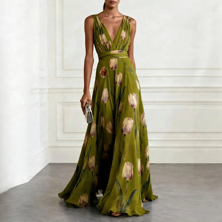 Dames Bloemen Tulp V-hals Chiffon Maxi Jurk - Green
