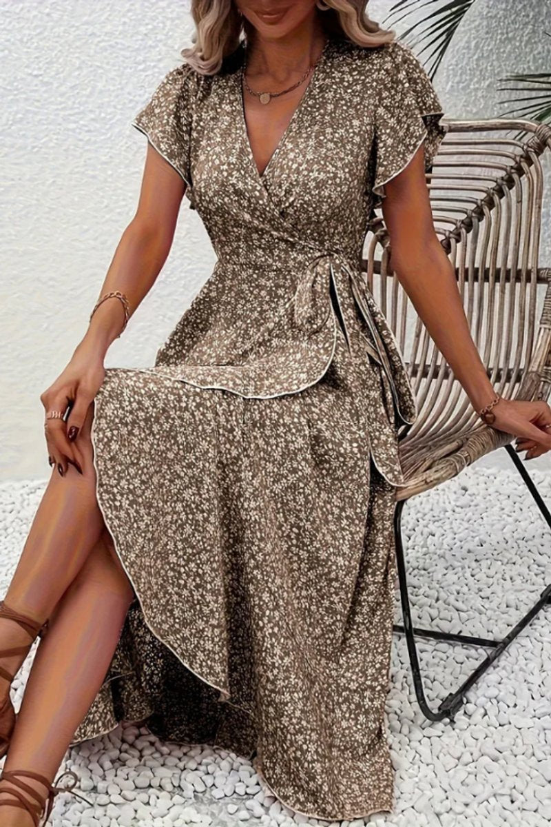 Dames Bloemen Wikkel Avondjurk V-hals Asymmetrische Midi - Camel