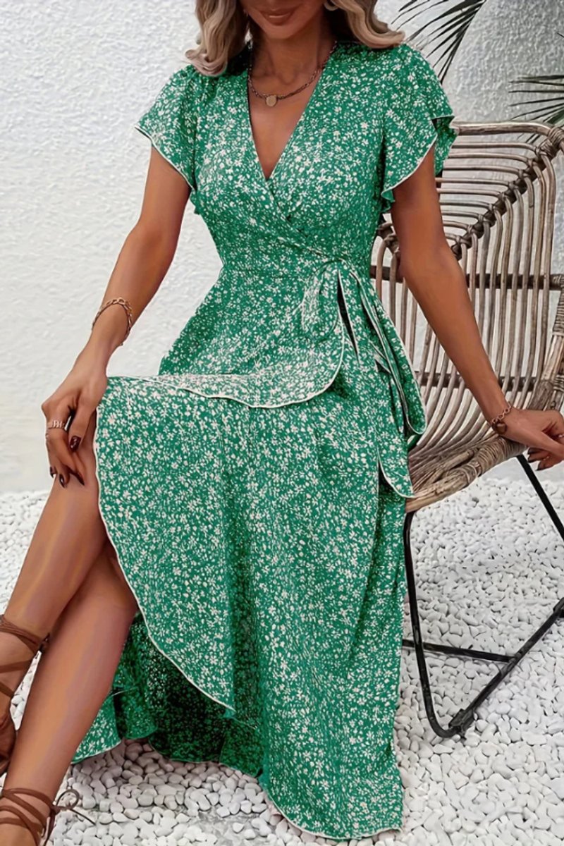 Dames Bloemen Wikkel Avondjurk V-hals Asymmetrische Midi - Green