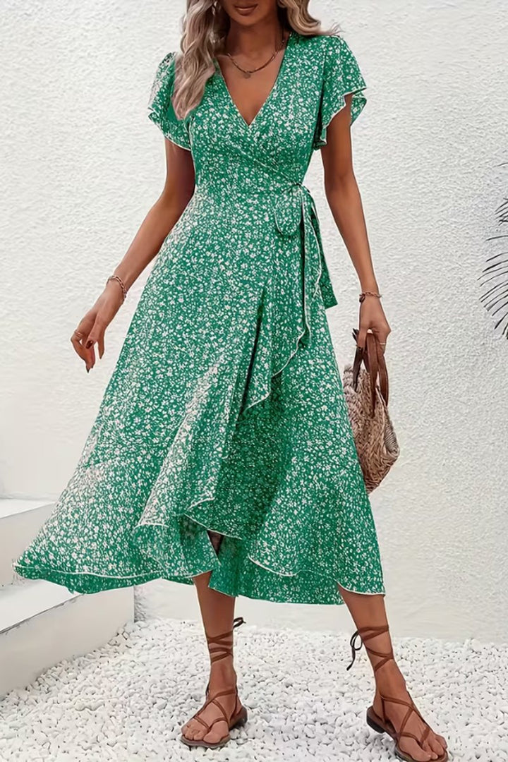 Dames Bloemen Wikkel Avondjurk V-hals Asymmetrische Midi