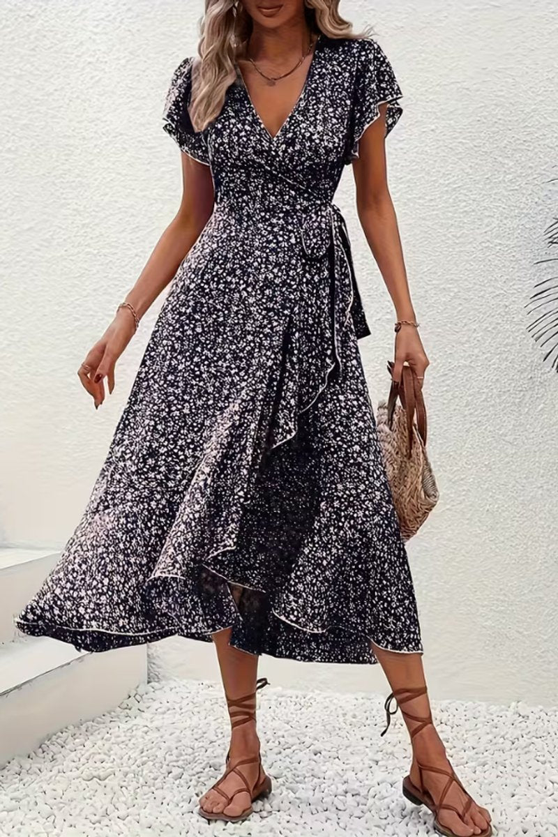 Dames Bloemen Wikkel Avondjurk V-hals Asymmetrische Midi