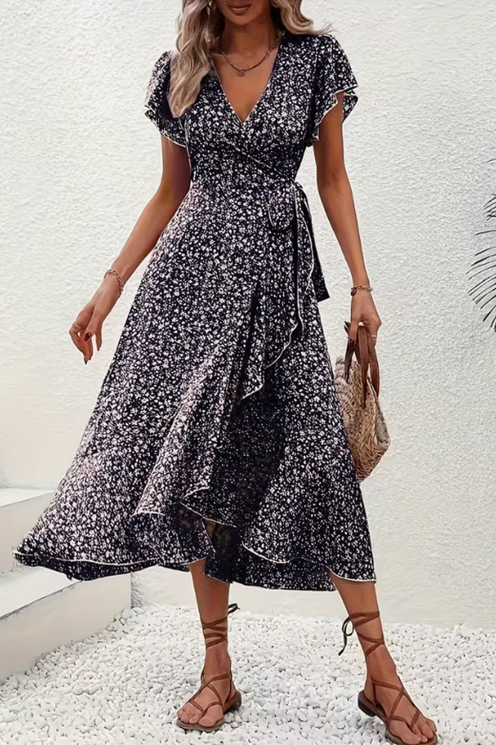 Dames Bloemen Wikkel Avondjurk V-hals Asymmetrische Midi