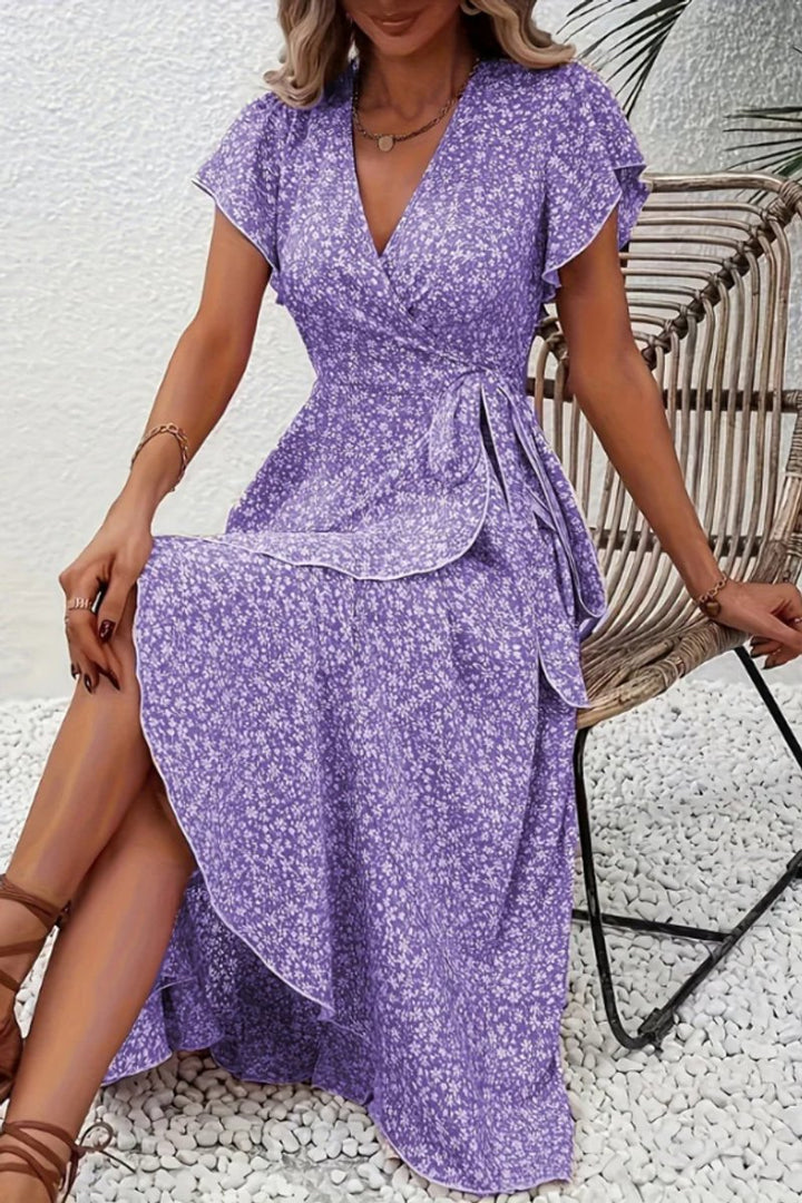 Dames Bloemen Wikkel Avondjurk V-hals Asymmetrische Midi - Purple
