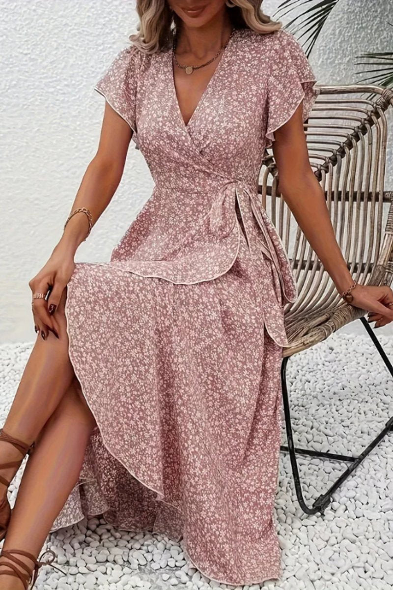 Dames Bloemen Wikkel Avondjurk V-hals Asymmetrische Midi - Pink