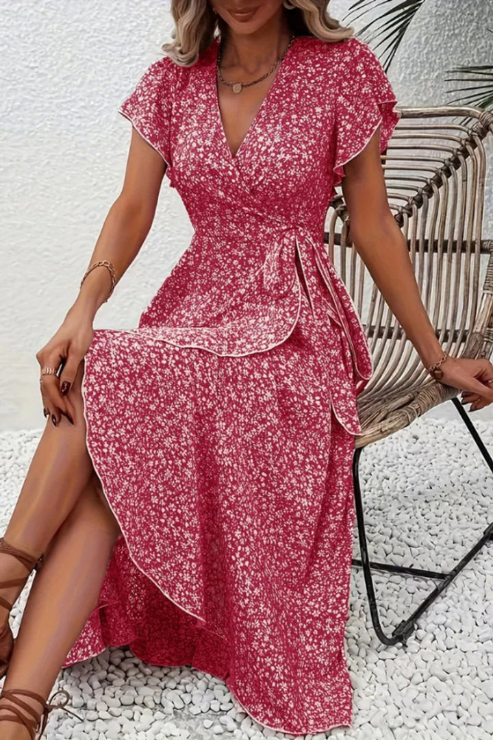 Dames Bloemen Wikkel Avondjurk V-hals Asymmetrische Midi - Pink 2