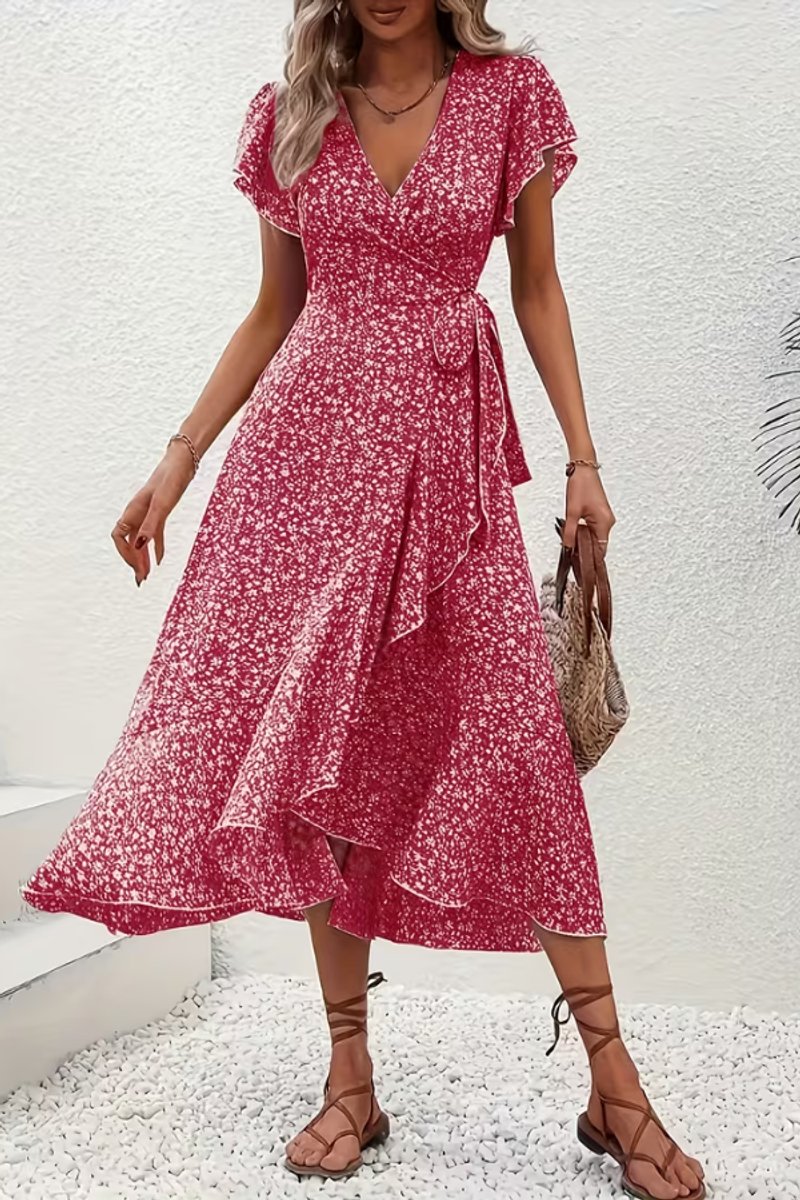 Dames Bloemen Wikkel Avondjurk V-hals Asymmetrische Midi