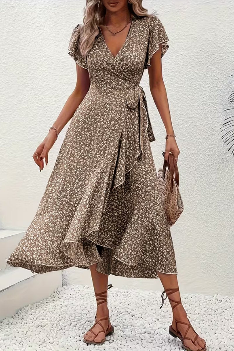 Dames Bloemen Wikkel Avondjurk V-hals Asymmetrische Midi