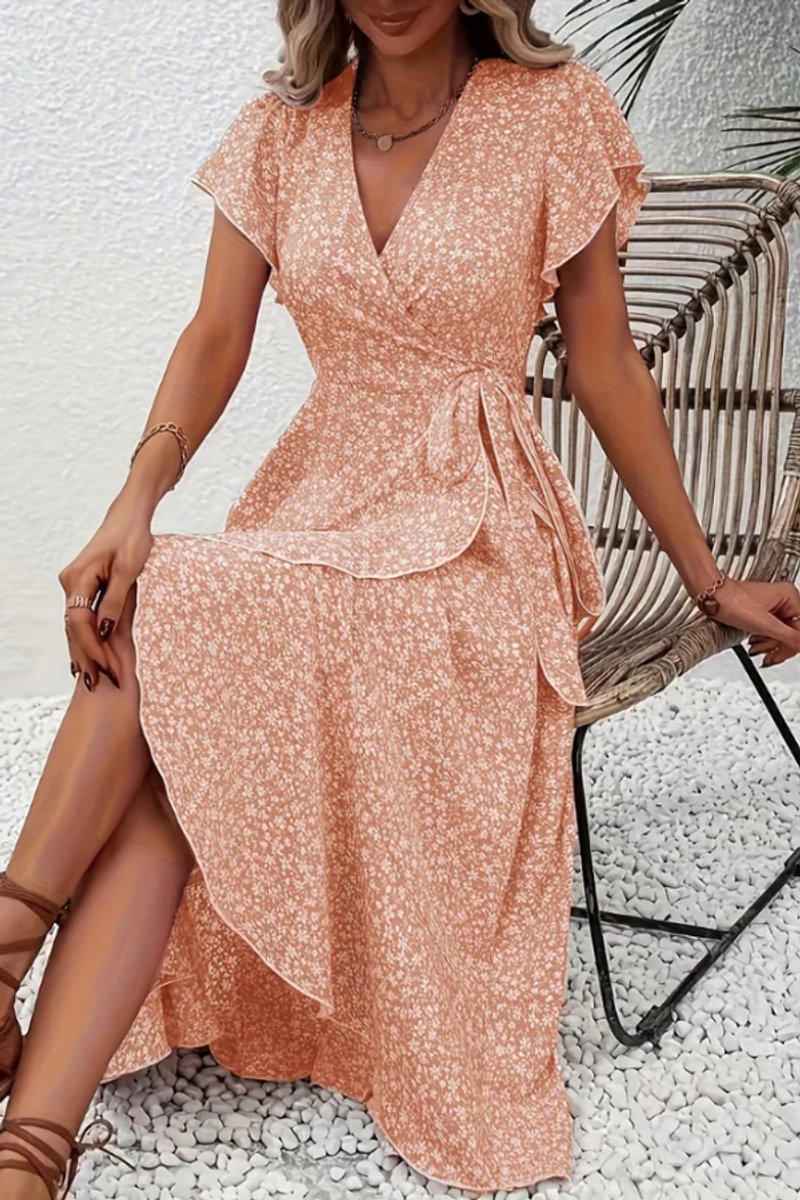 Dames Bloemen Wikkel Avondjurk V-hals Asymmetrische Midi - Orange Pink