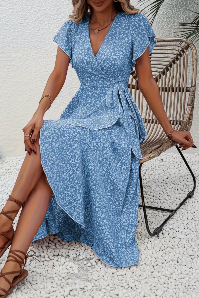 Dames Bloemen Wikkel Avondjurk V-hals Asymmetrische Midi - Peacock Blue