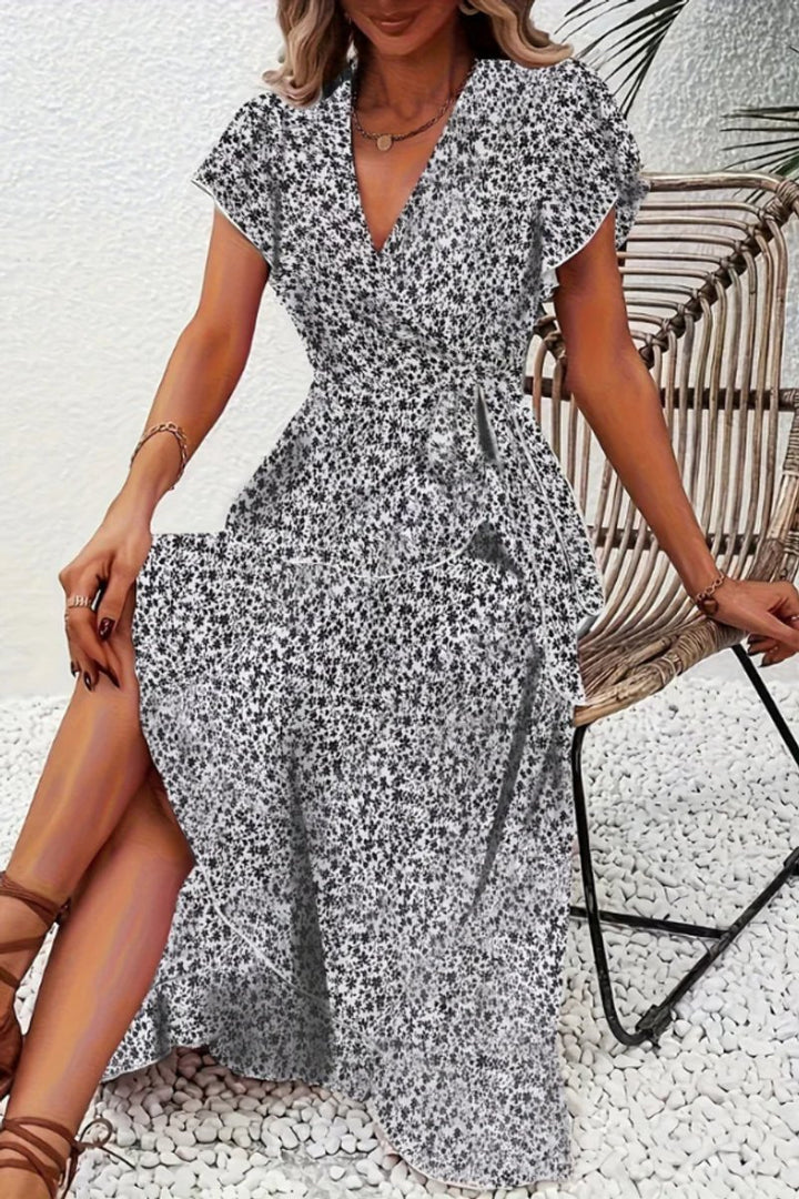 Dames Bloemen Wikkel Avondjurk V-hals Asymmetrische Midi - Black And White