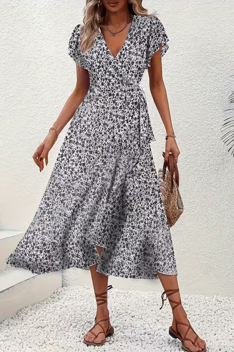 Dames Bloemen Wikkel Avondjurk V-hals Asymmetrische Midi
