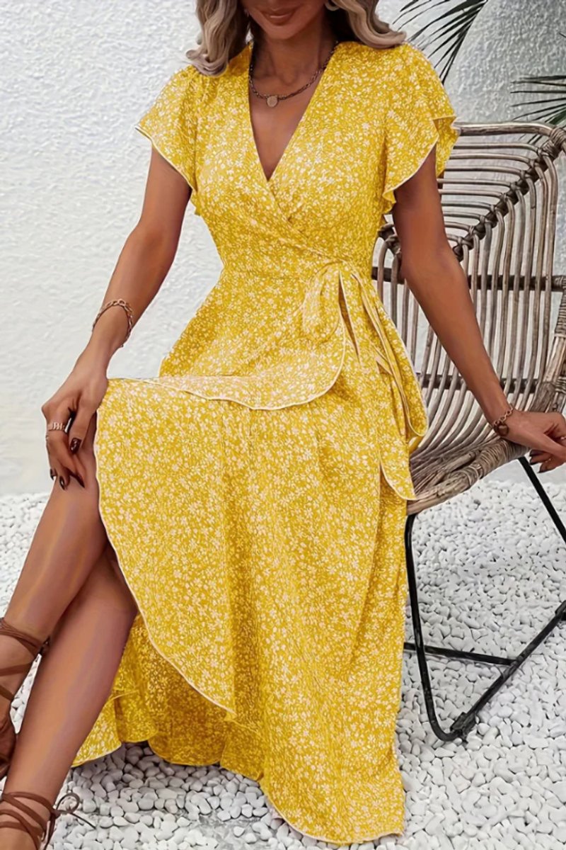 Dames Bloemen Wikkel Avondjurk V-hals Asymmetrische Midi - Yellow