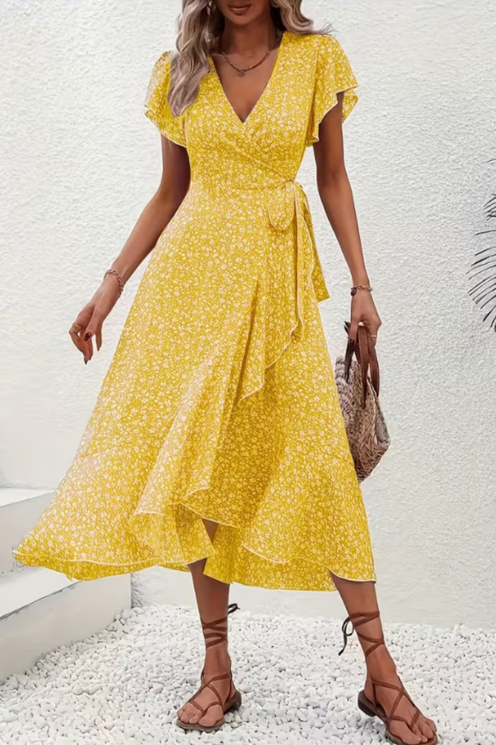 Dames Bloemen Wikkel Avondjurk V-hals Asymmetrische Midi