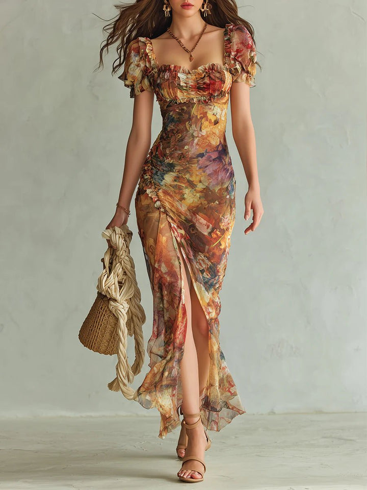 Dames Bloemenprint Chiffon Maxi-jurk Ruche Sweetheart Hals - Orange