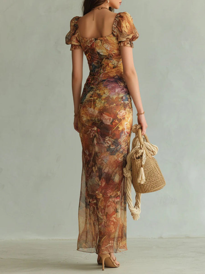 Dames Bloemenprint Chiffon Maxi-jurk Ruche Sweetheart Hals
