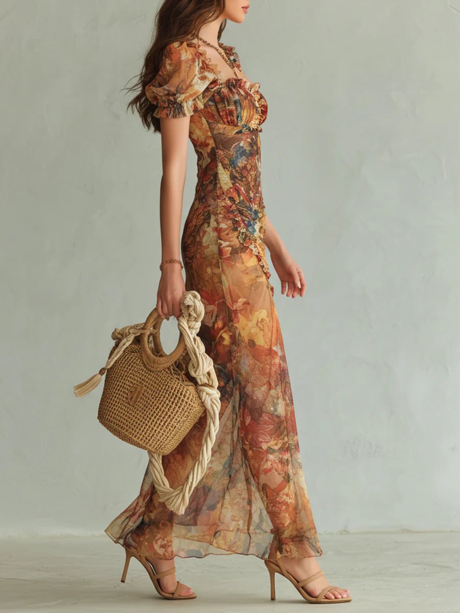 Dames Bloemenprint Chiffon Maxi-jurk Ruche Sweetheart Hals
